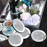 Glitter Glass Mirrored Coasters for Drink, Sets of 6 Decorative Glass Plates Drink Coasters with...