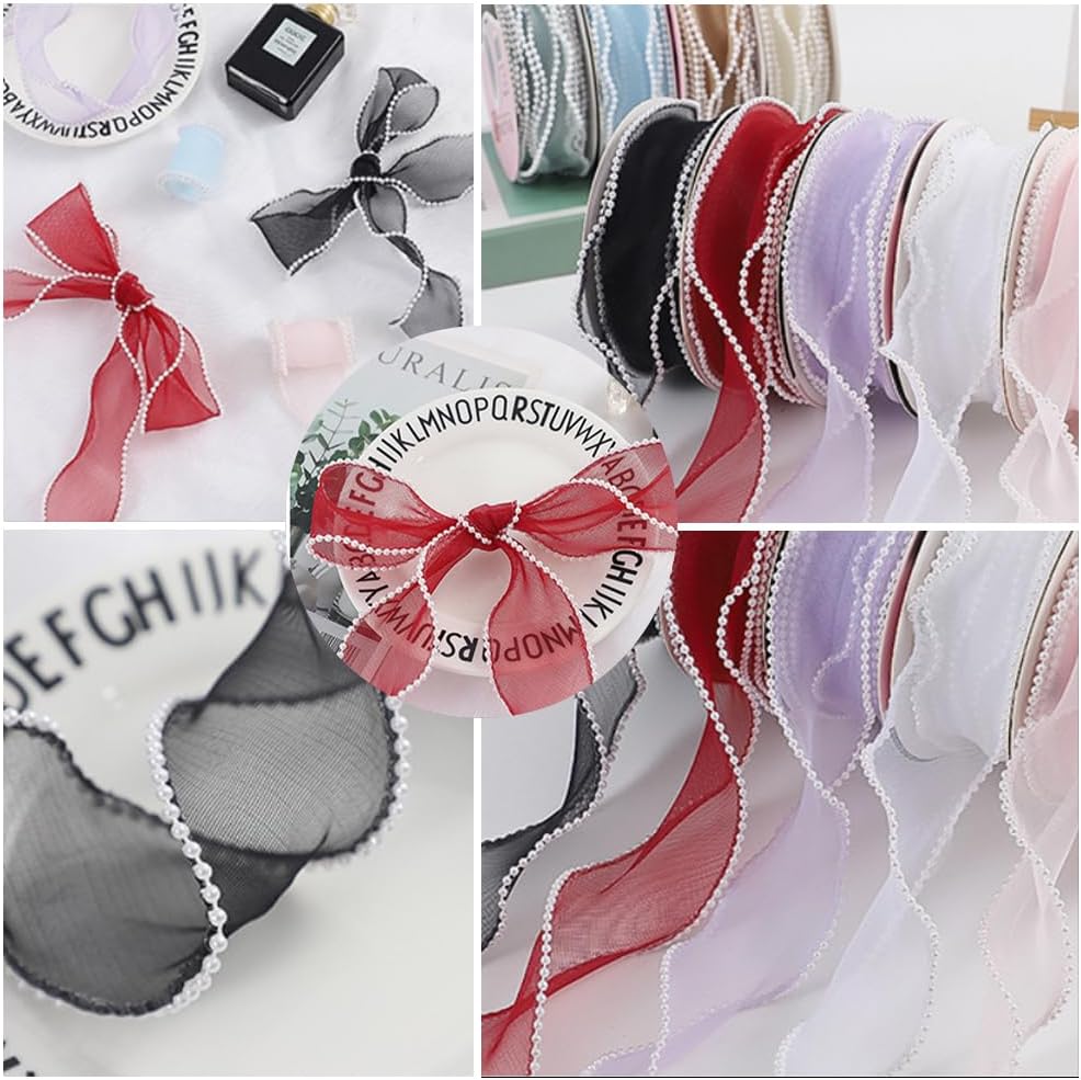 4 Rolls 20 Yards 1.5 Inch White Ribbon with Pearls Silk Mesh Fishtail Sheer Organza Pearl Edge Bead Transparent Ribbons Trim Bulk Roll for Sewing Making Crafts Gift Wrapping Wedding Bouquet