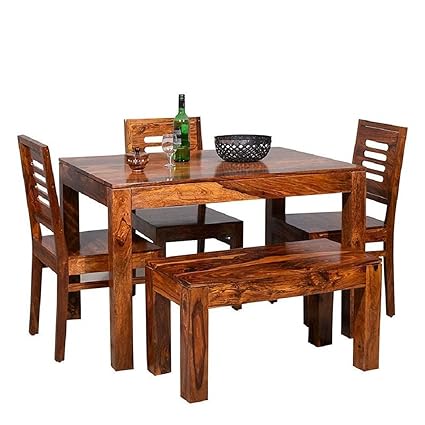 Chetan Interiors Solid Sheesham Wood 4 Seater Dining Table Set (Pure Sheesham Wood) (3 Chairs with 1 Bench, Honey)