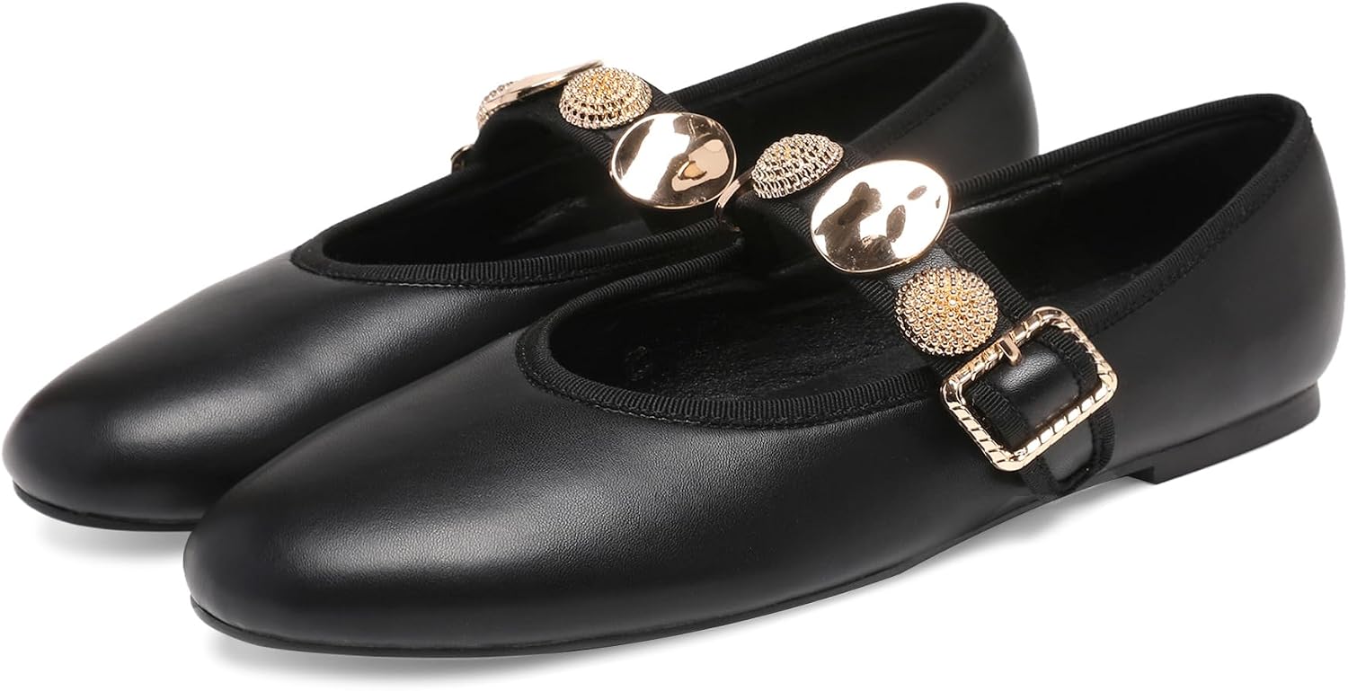 Ballet Flats for Women Round Toe Mary Jane Flats with Gold Adornments Elastic Strap Casual Dress Ballerina Shoes