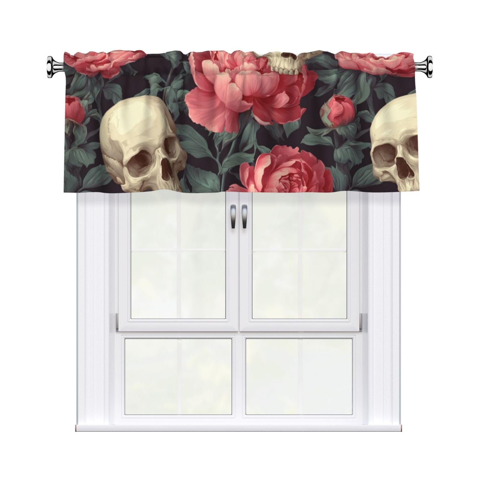 Woshuwo Skulls And Peonies Vintage Gothic Valances For Windows Rod Pocket Window Treatment Short Curtains For Kitchen Living Room Bedroom Decor 54x18in