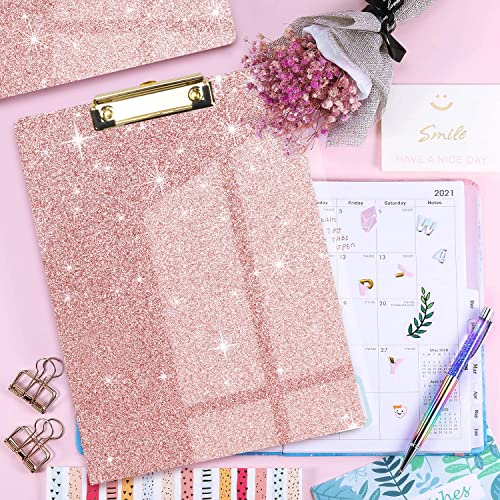 Waveyu Acrylic Clipboard, Glitter Pink Clipboard For Women Girls, Stardard Letter Size Clipboard With Low Profile Gold Clip Designed For Classroom School And Office Use, A4 Size 12.5" X 9", Rose Gold #TOP7