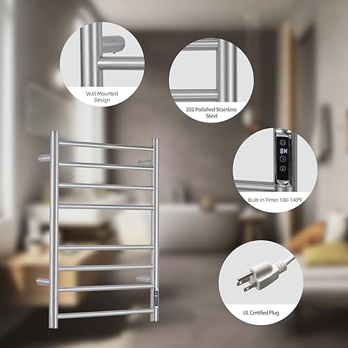 Miniatura 8 de Calentador de toallas con temporizador integrado ETW44-2S para baño, calentador de toallas de baño montado en la pared, calentador de toallas