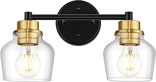 Emak Farmhouse VL122-BKBGD-CG-2 - Lámparas de baño de 2 luces, modernas luces negras y doradas con pantalla de vidrio transparente para baño,