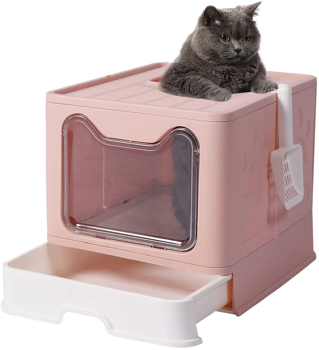 Bac à litière pliable grand format avec toit et entrée supérieure design rose