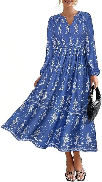 TIYOMI Womens Plus Size Dress Fall Long Sleeve V Neck Maxi Dress Blue Floral Casual Flowy Spring Autumn Dresses with Pockets Long Dresses XL 14W 16W