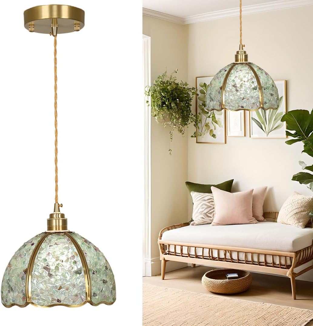 Zouuxn Textured Glass Pendant Light, Green Scalloped Hanging Ceiling ...