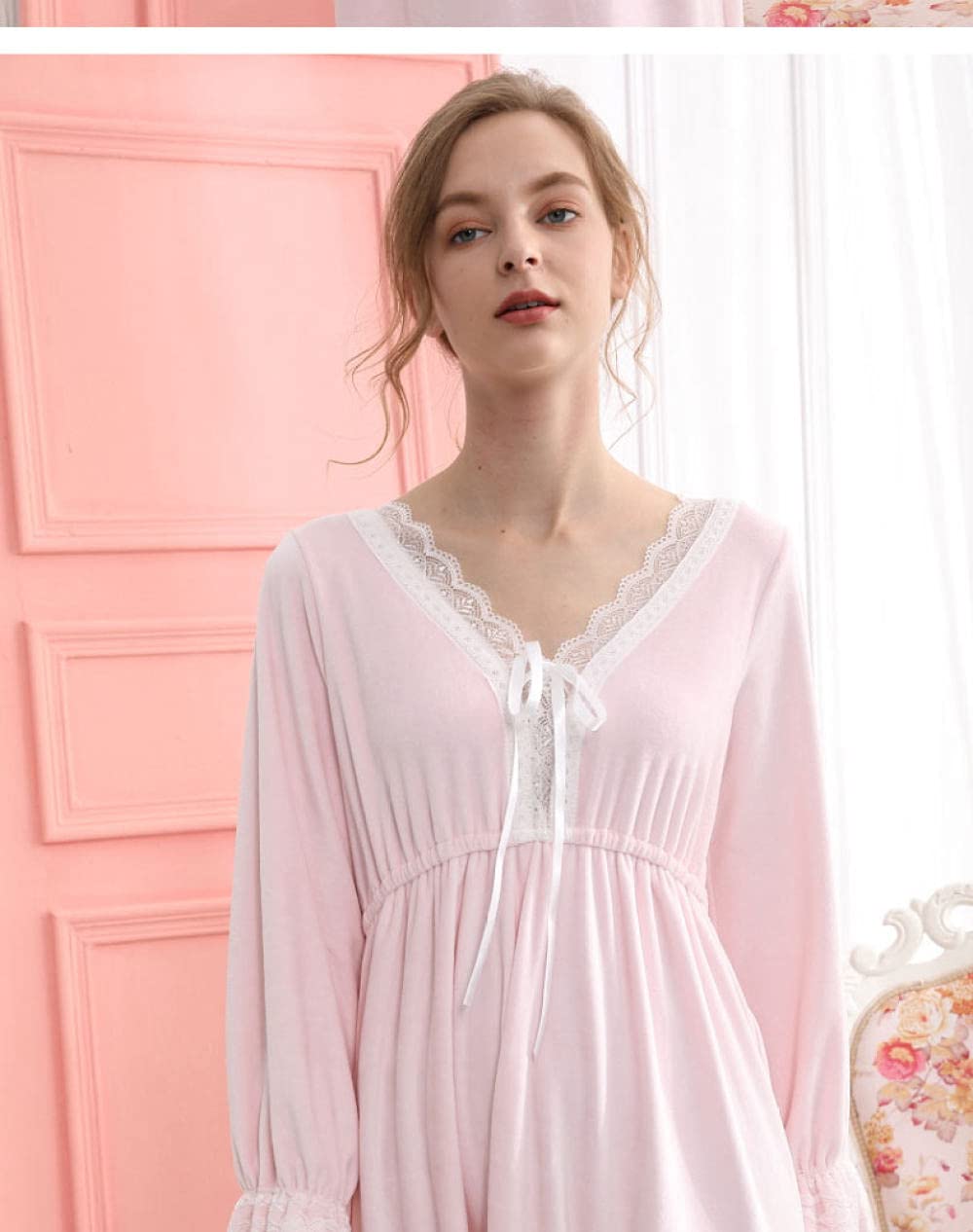 Camisón De Noche Para Mujer,Camisones De Mujer De Manga Larga Rosa Estilo Princesa De Franela Encaje Suave Suelto Con Cuello En V Camisón Camisones Informales Transpirables Camisón Largo Ropa De