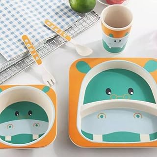 طقم عشاء للأطفال بأطباق كبيرة مقسمة من مواد بلاستيكية صحية وآمنة من 5 قطع