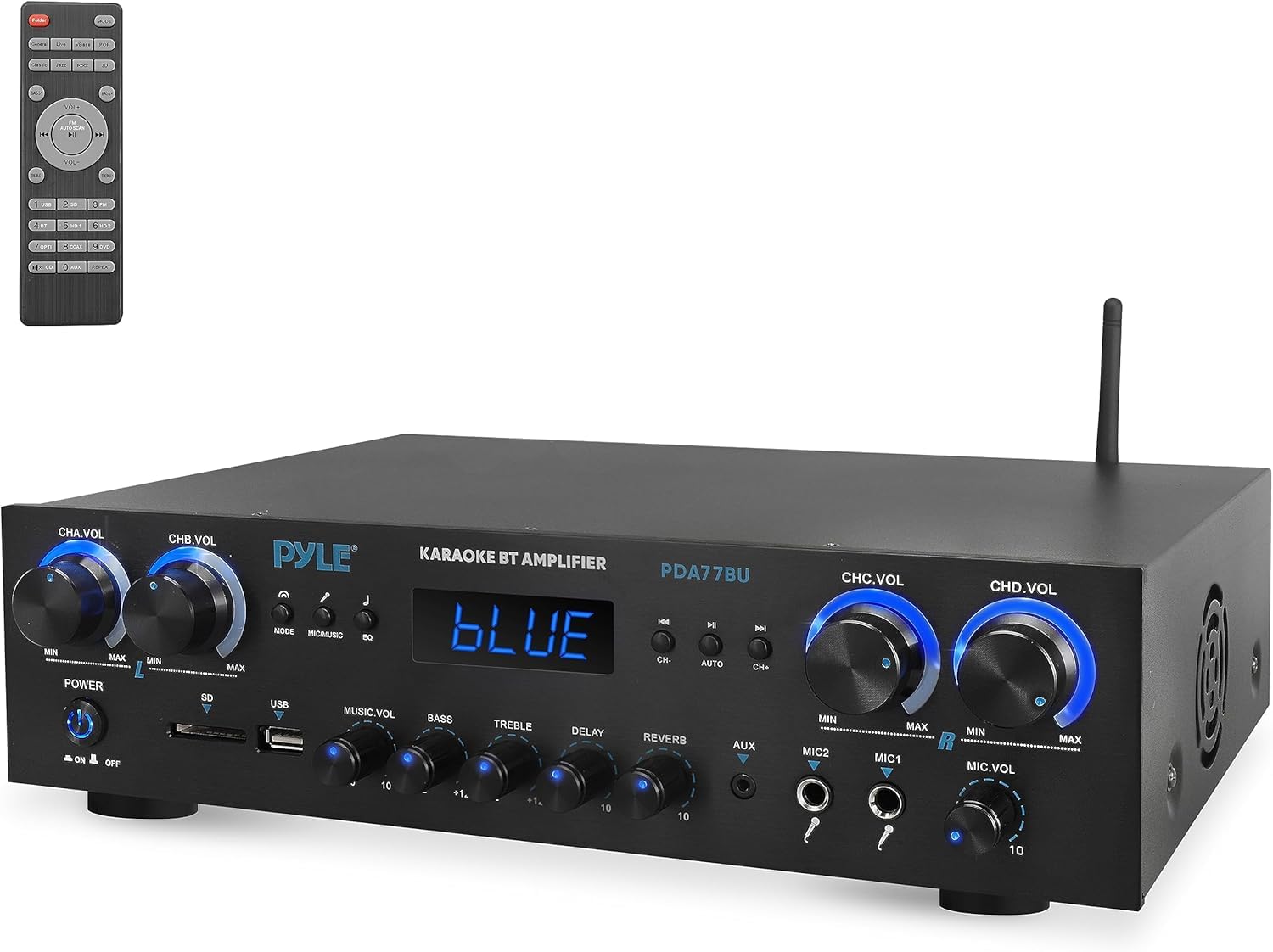 Pyle Amplifier, 800 W Bluetooth Amplifier, Mini Amplifier, 4 Channels MP3, USB, AUX, SD, MIC, FM, RCA, Headphones, Reverb Delay, Stereo for Home Cinema, Studio & Theatre
