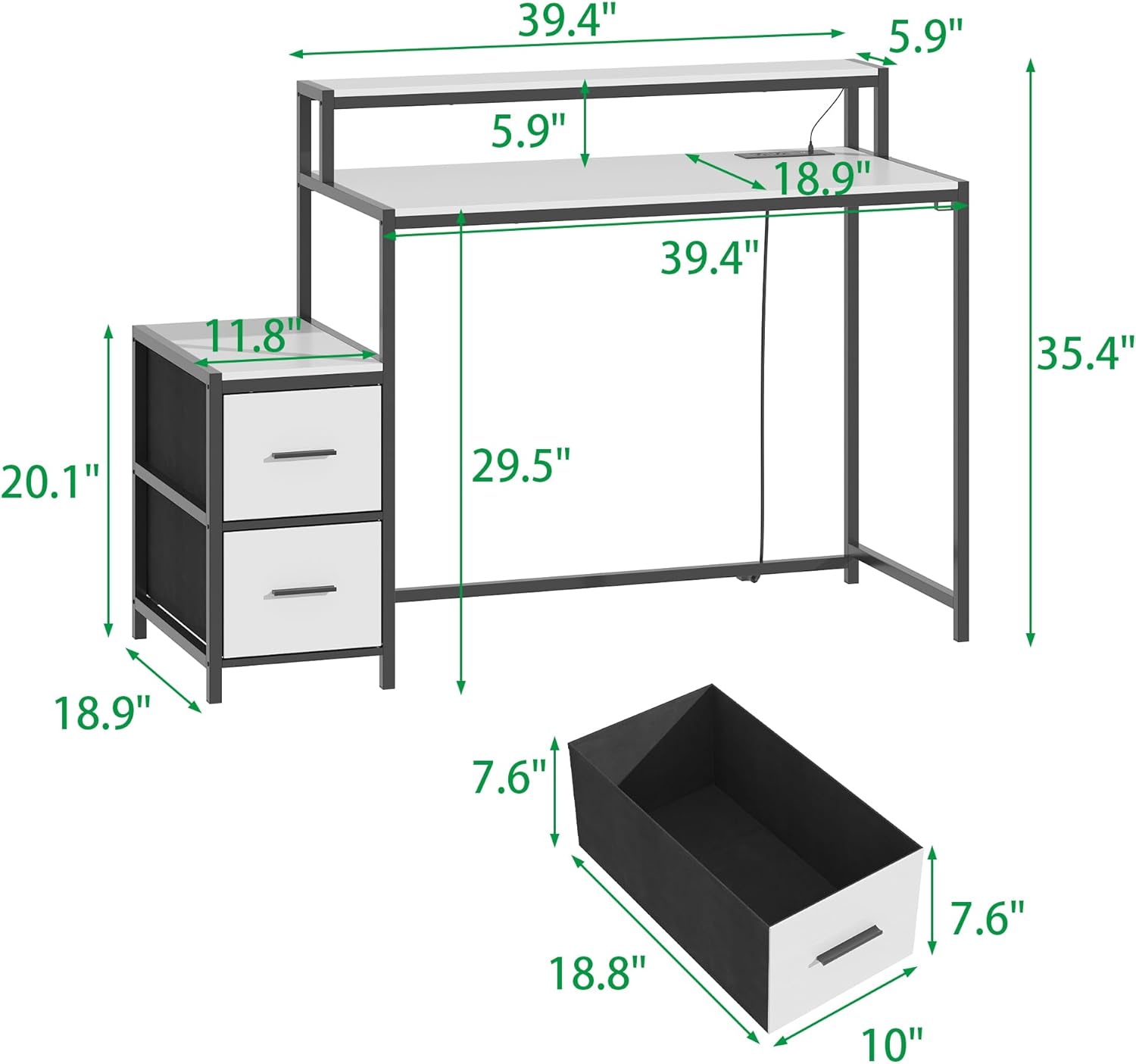 WOODTIME 50.4" W Home Office Computer Desk with LED Lights & Power Outlets, Gaming PC Desk Study Writing Table with Monitor Stand & 2 Fabric Drawers, White & Black