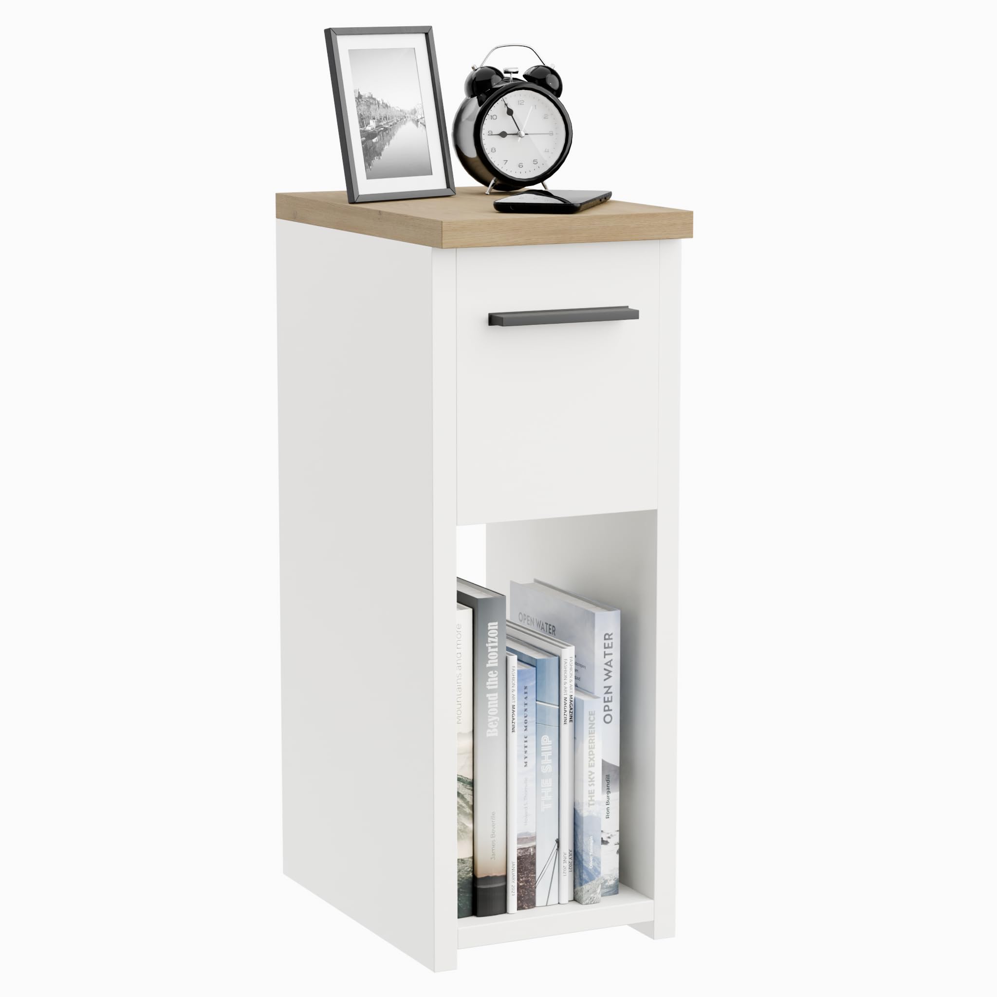 ComfortCove Narrow Bedside Table with Storage Shelf & Handle, White/Oak