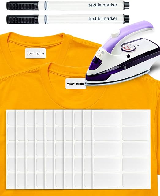 100 Pcs Iron on Name Labels Writable Name Tapes Washable for Clothes Personalized Clothing Name Tags with 2 Pcs Permanent Fabric Marker for School Uniform, Nursing Home, Camping, Work Clothes, 4*2cm