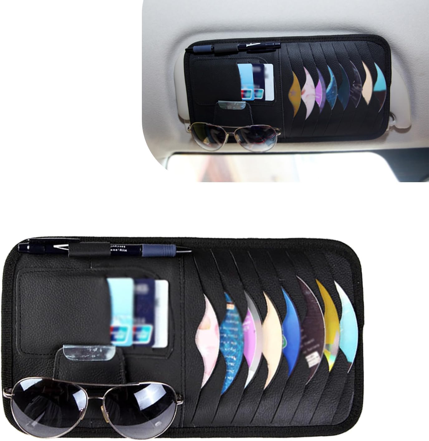 Car CD Holder, Compartmentalized Storage Pouch for Eyeglasses Receipts ID Cards Pen, Leather Sun Visor Storage Holder with Elastic Strap, Universal Large Capacity Visor Case Accessory (Black)
