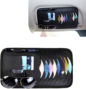 Car CD Holder, Compartmentalized Storage Pouch for Eyeglasses Receipts ID Cards Pen, Leather Sun Visor Storage Holder with Elastic Strap, Universal Large Capacity Visor Case Accessory Black