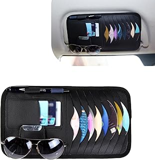 Car CD Holder, Compartmentalized Storage Pouch for Eyeglasses Receipts ID Cards Pen, Leather Sun Visor Storage Holder with Elastic Strap, Universal Large Capacity Visor Case Accessory (Black)