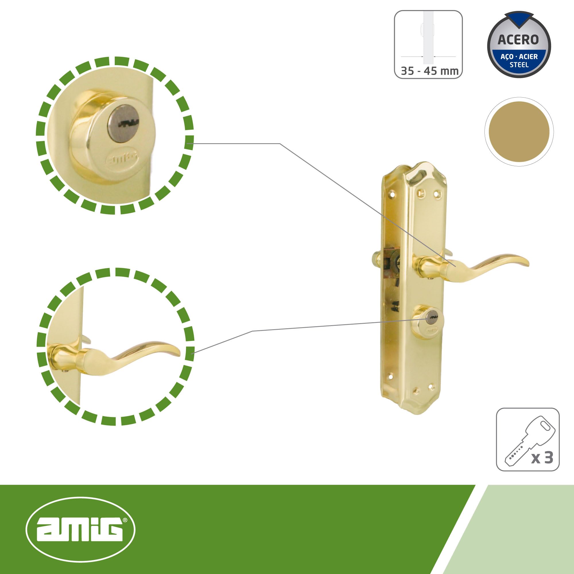 Amig, Right Door Handle Mod. ALFA with Lever Mod. 46, Brass Plated Steel, 255 x 48 mm, 8 mm Spindle, Incl. 2 Keys - Image 3