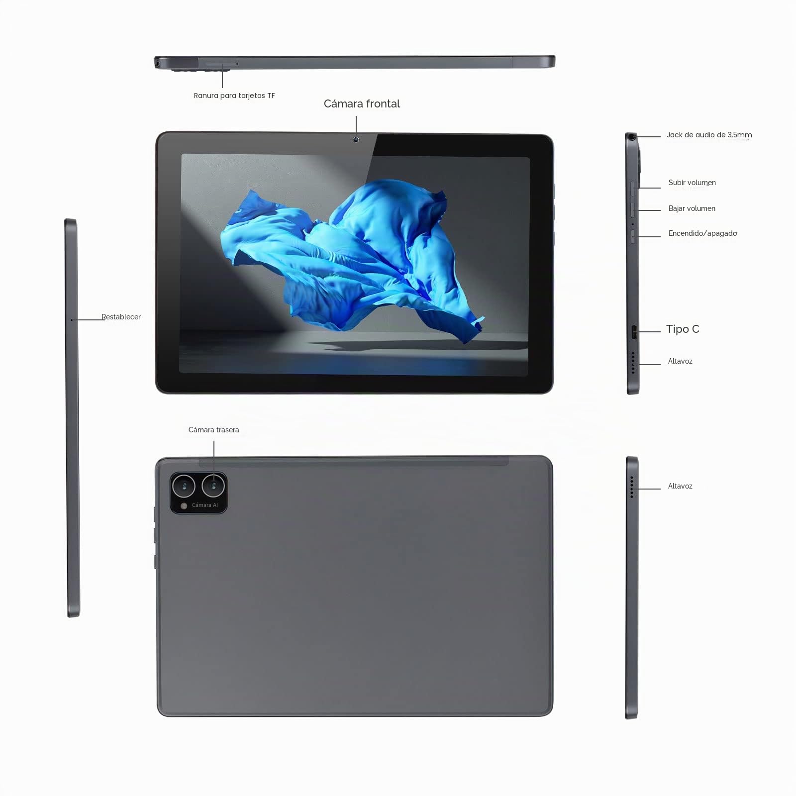 C idea Tablet 10 Pulgadas, Android 12 Tablets con Real 64 GB ROM+1 TB TF, Pantalla De IPS HD con Procesador De 8 Núcleos, Cámara Doble, WiFi(Gris)