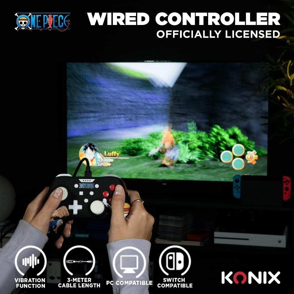 Konix Controller cablato One Piece per Nintendo Switch, Switch OLED e PC - Funzione vibrazione - Cavo da 3 m - Motivo Luffy - Nero