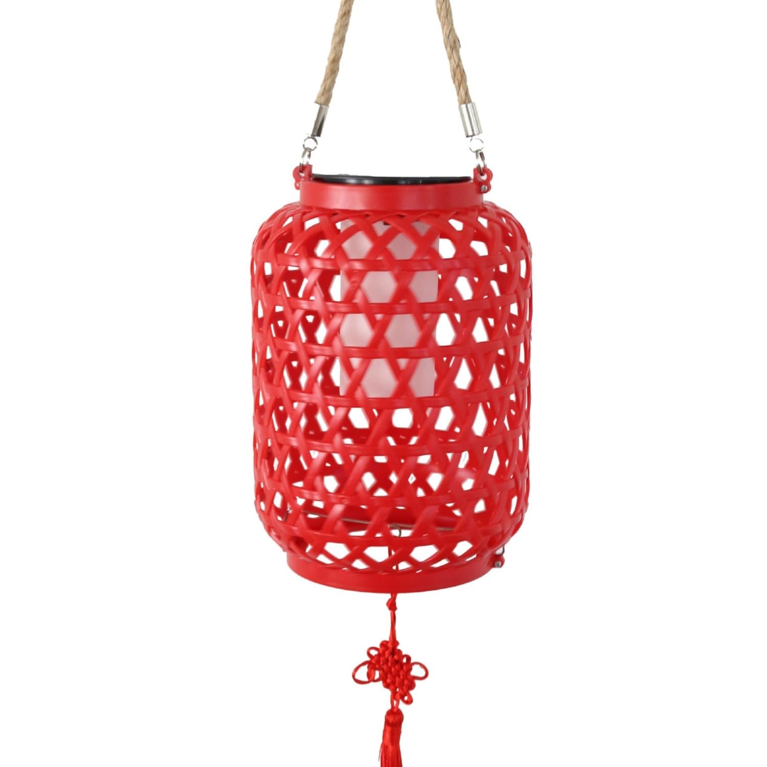 Hanging Lantern with Woven Shade Cordless Lantern with Rope Loop Decorative Solar Garden Light Rustic for Patio, Porch, with Tassel-image-24