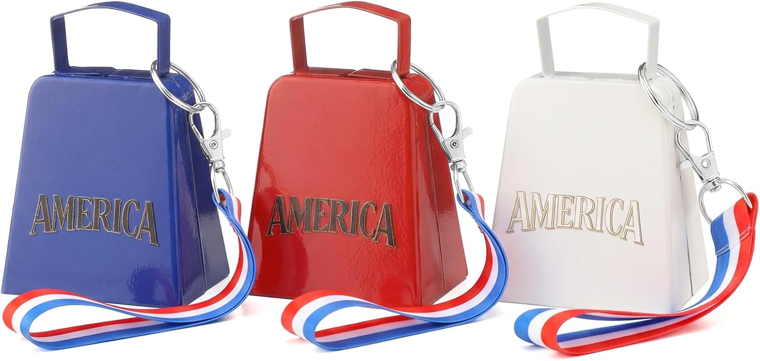 Blueweenly 9 Pcs/3 Set America Cowbell 4 Inch 250th Red White Blue 4th of July Cowbell Anniversary Ornament for 1776-2026 America Patriotic Parade Decor Independence Day Party Supplies
