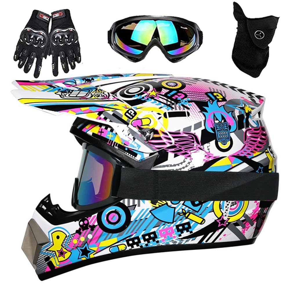 Casco de Motocross, BMX, ATV, Todoterreno, para NiñOs, Aprobado por El Dot, Incluye Guantes, Gafas Y MáScara 4 Piezas