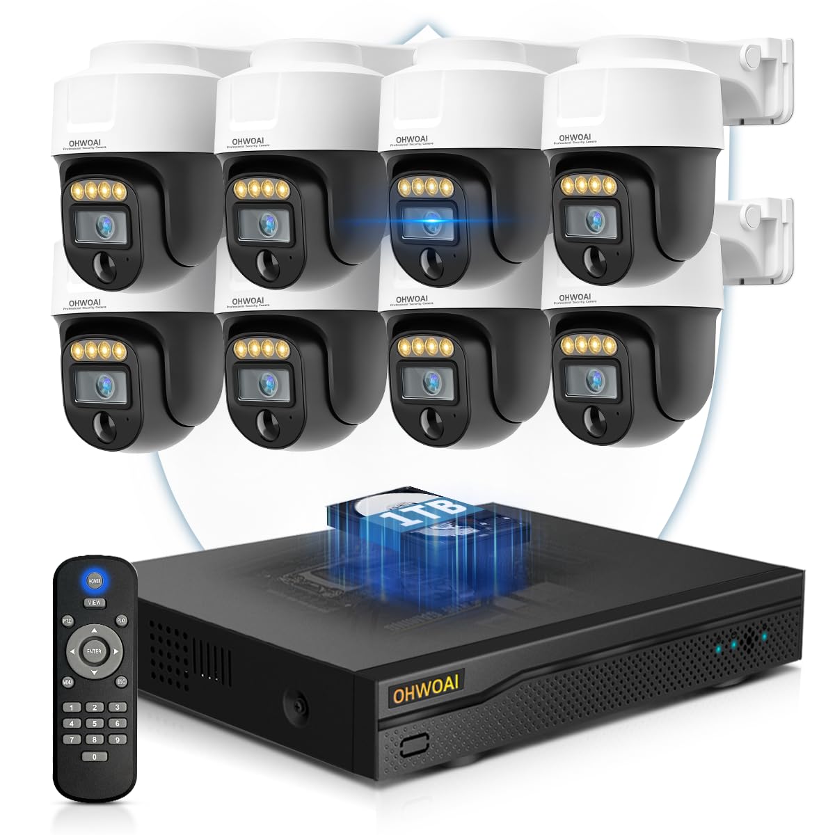 Outdoor 4K Wired Security Camera System, CCTV Video Surveillance Systems | 8MP 3840*2160p, 2-Way Audio, Color Night Vision, 360° Remote PTZ, Auto Tracking, IP66 Weatherproof 8-Cams 1TB HDD