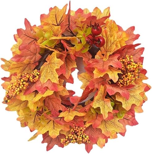 Artificial Fall Wreath,Pumpkin Wreath, Artificial Autumn Wreath Front Door Wreath with Maple Leaves Red Berry for Halloween Thanksgiving