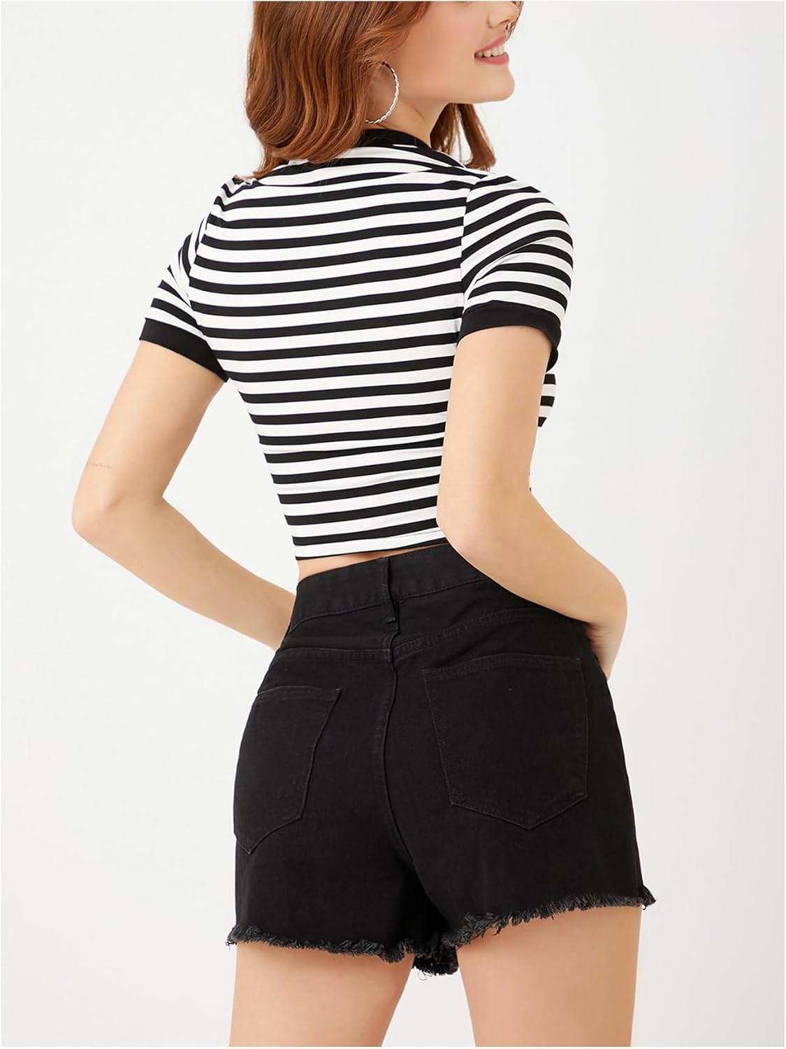 MakeMeChic Women's Crop Tops Striped Short Sleeve Fitted Crew Neck Summer Tee Shirt - Image 2