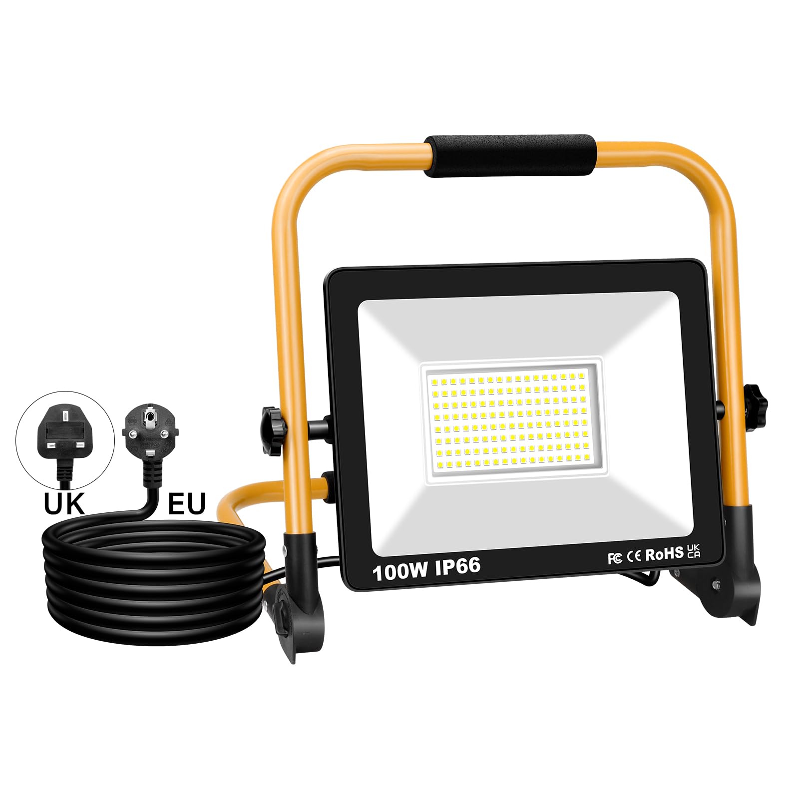SKYWORLD Foco de Trabajo LED 100W, 10000LM Luz de Trabajo Portátil con Giratorio 360º Soporte plegable, Focos Led Uso en Interiores y Exteriores para Obra Taller Garaje Jardín 6000K Luz Blanca