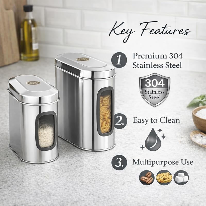Image of Stainless Steel Capsule Food Canisters /Jars /Containers for Kitchen Storage with See Through Window - set of 2, 1850 & 2350 ml capacity, Silver