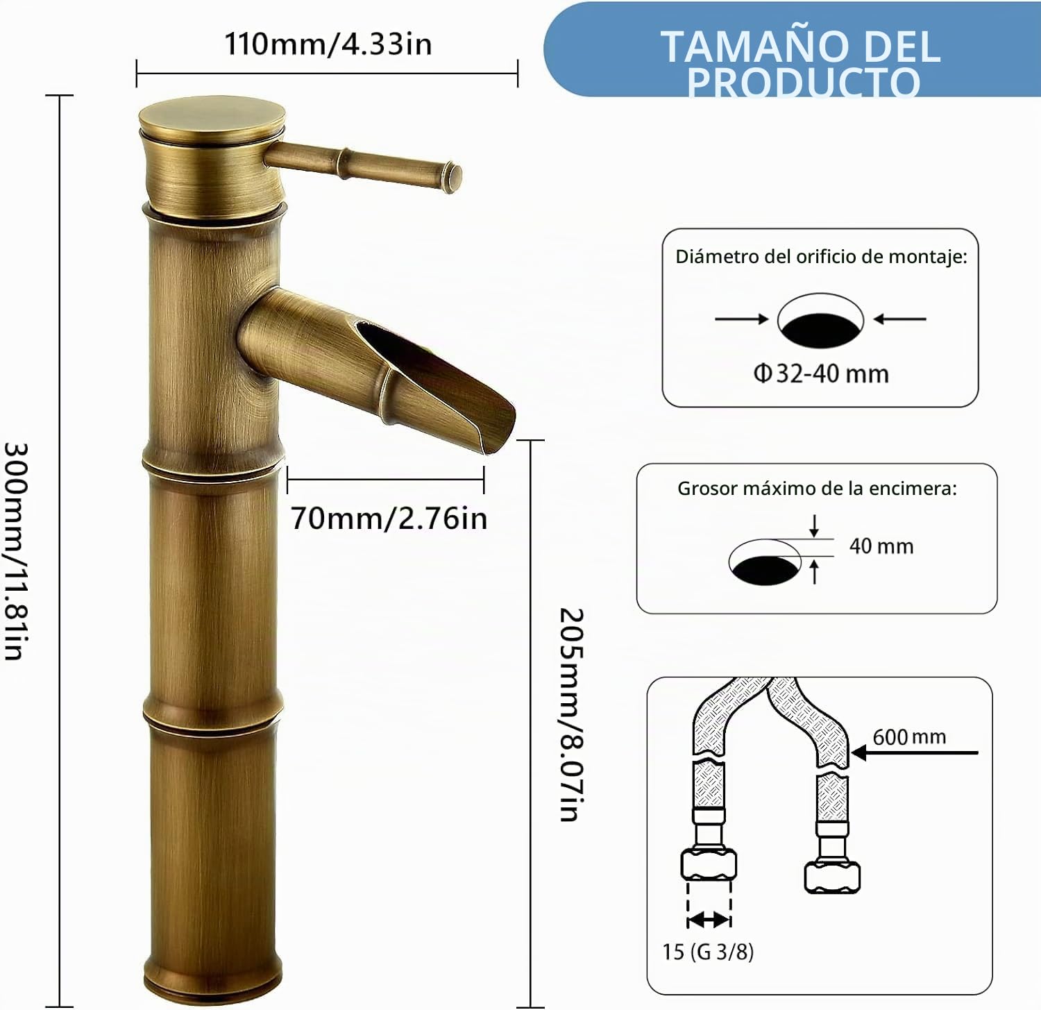 Namuoto Grifo de Baño Bronce Alto, Monomando Grifo Lavabo Cascada, Grifo de un solo orificio de agua fría y caliente Grifo Lavabo Cascada Antiguo de la Vendimia Retro, 3 Secciones