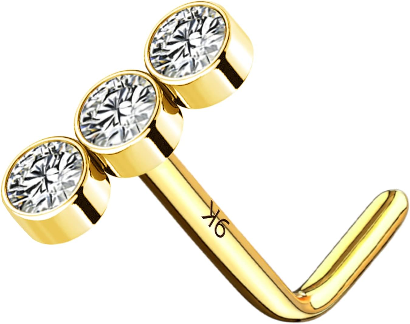 MeIighting 14K Gold Nose Stud L Shaped Nose Ring 20G with Round Cubic Zirconia Nose Piercing Jewelry for Women Men Real Gold