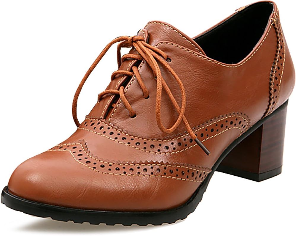 Odema Womens PU Leather Oxfords Wingtip Lace up Mid Heel Pumps Shoes …