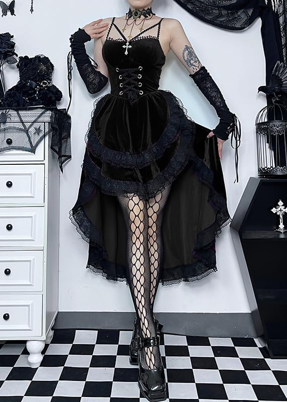 TSMNZMU Womens Gothic Velvet Corset Dress - Vintage Fairy Lolita Punk Grunge Long Goth Emo Alt Halter Dress - Image 2