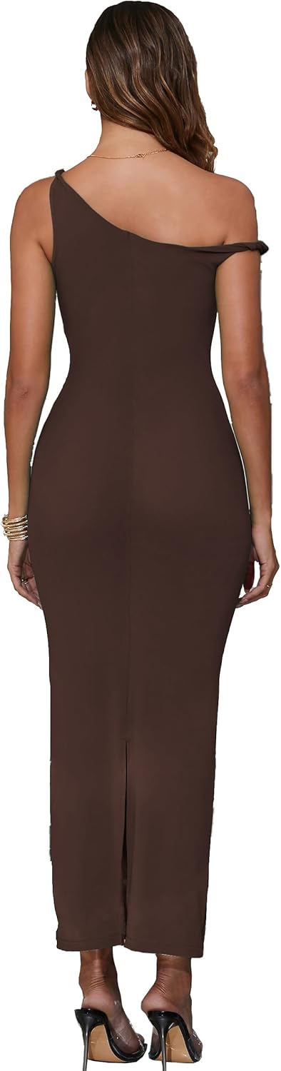 JLCNCUE Women's One Shoulder Formal Dress with Back Slit Sexy Mesh Bodycon Maxi Dress One Twist Shoulder Beach Cover Ups 387 - Image 2