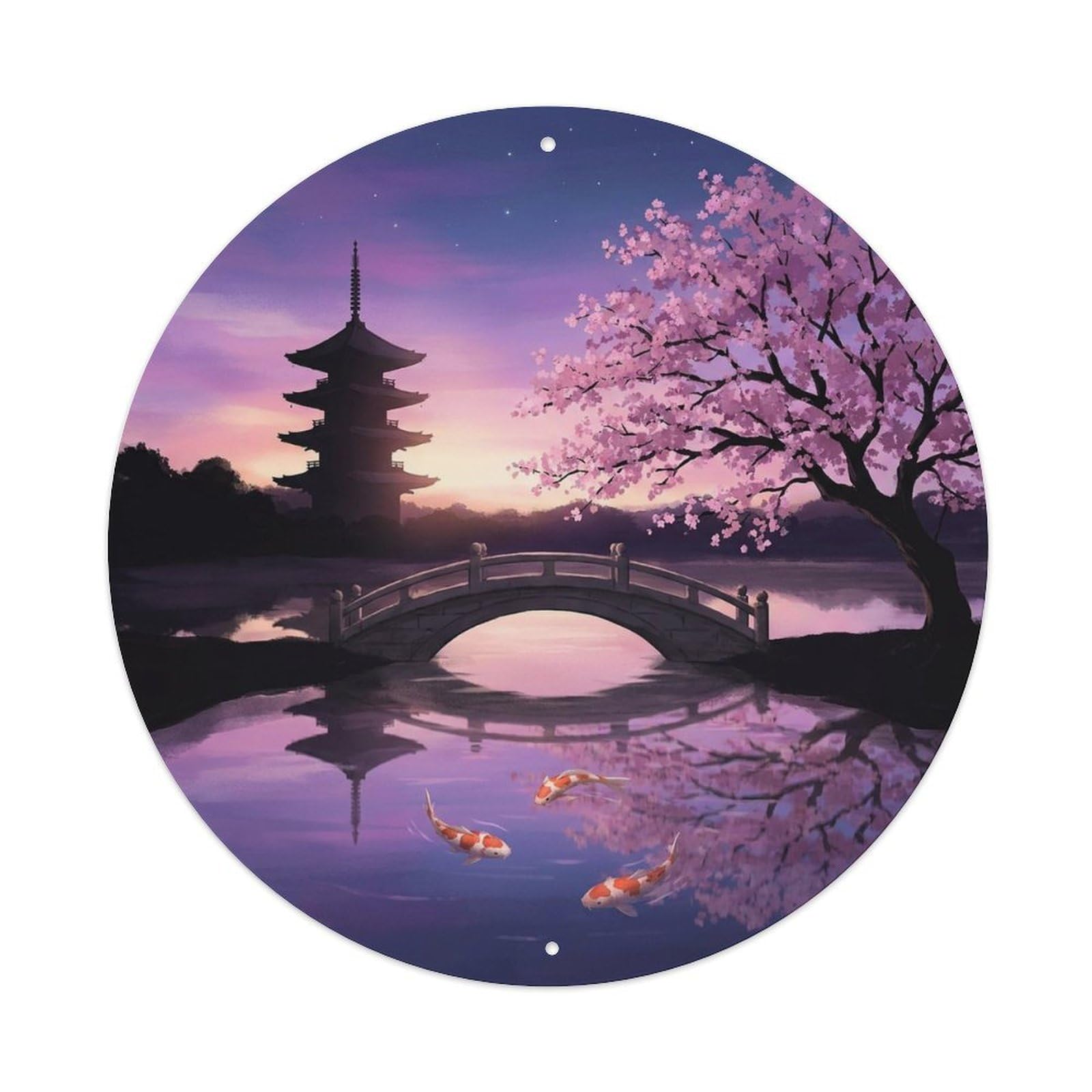 Olyhtr 8X8inch Classic Style Twilight Koi Garden Pond Vintage Purple Sky Landscape Metal Tin Sign
