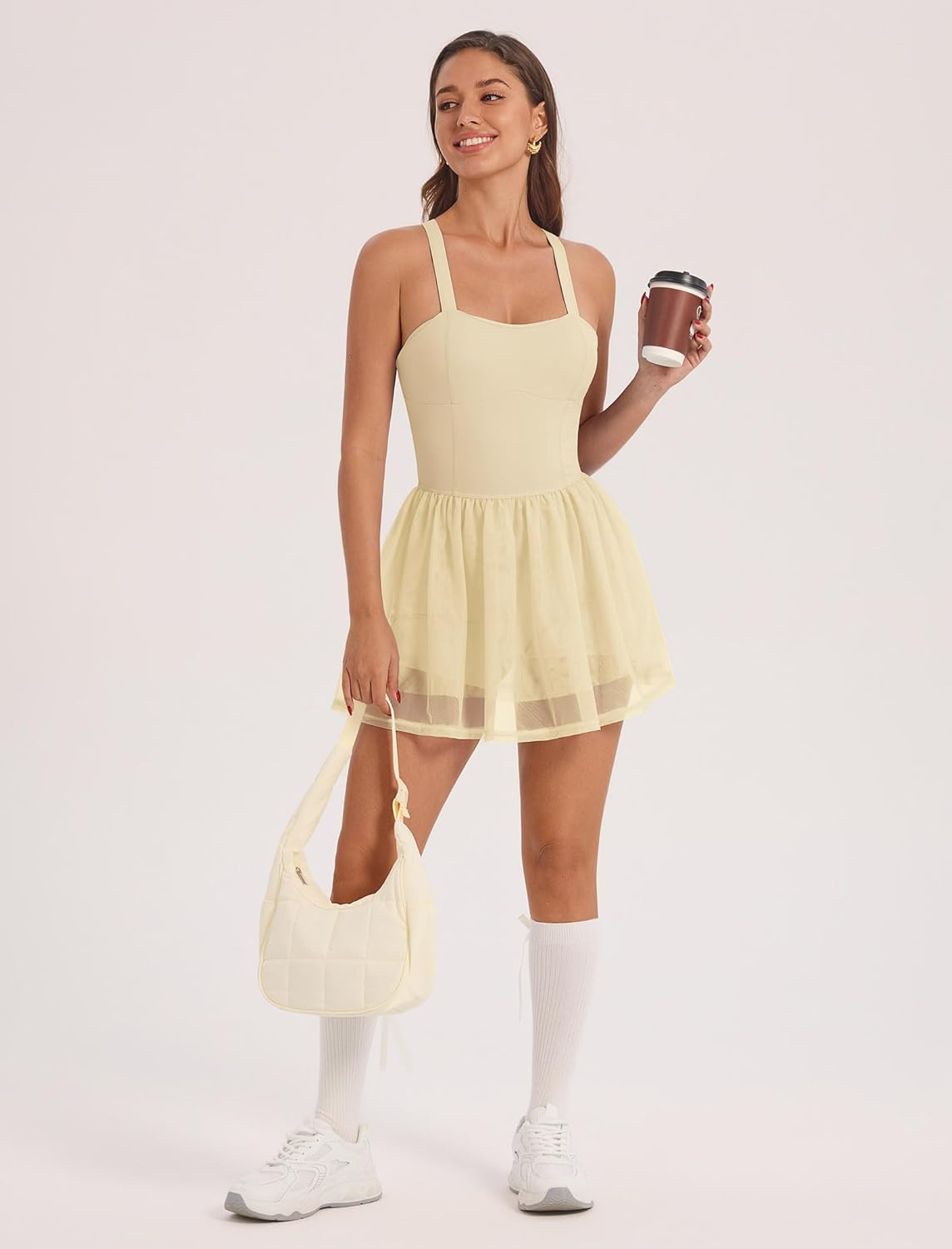 ABOCIW Womns Mesh Hem Tennis Dress Built in Bra and Shorts Cross Back Workout Golf Athletic Dress with Pocket