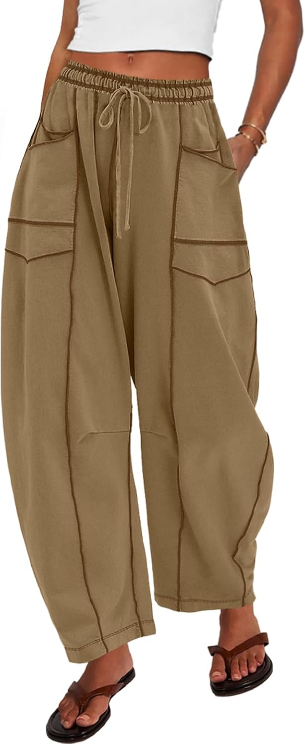 UNIANKIYA Womens Barrel Sweatpants Wide Leg Palazzo Pants Baggy Drawstring Summer Lounge Pants with Pockets Casual Trousers