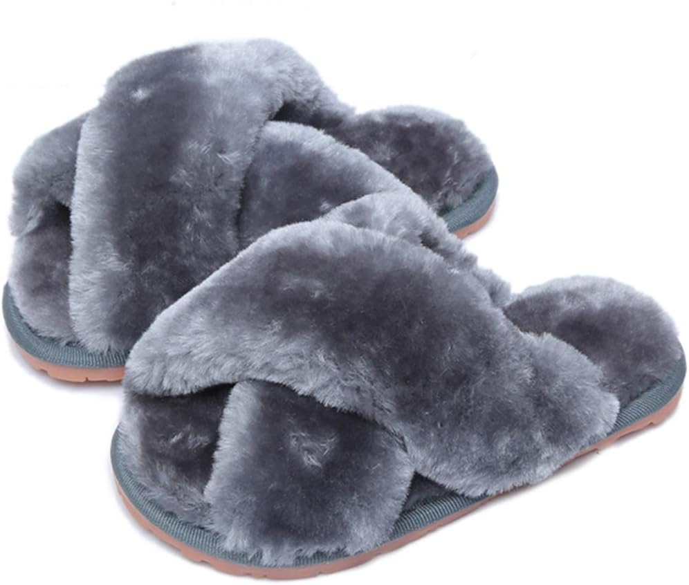Womens & Girls Slippers Ladies Fluffy Plush House Slippers Cozy Open Toe Faux Fur Sliders for Girls Warm Sandals Indoor Winter