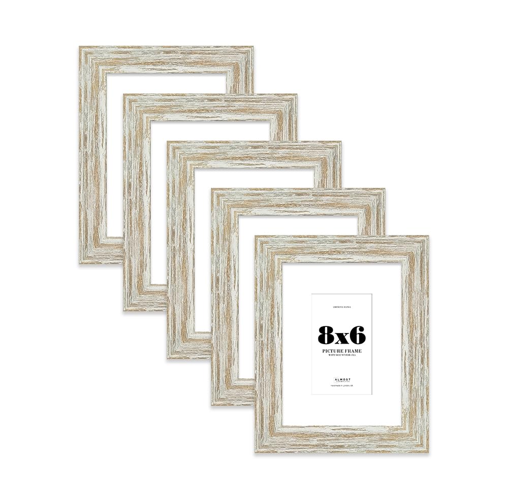 8x6" Distressed White Oak Picture Frame with 5x3" Mount - Reclaimed Wood Style Photo Frame with Distressed Finish, Wall Hooks and Kickstand, 32mm Edge - 5 Pack