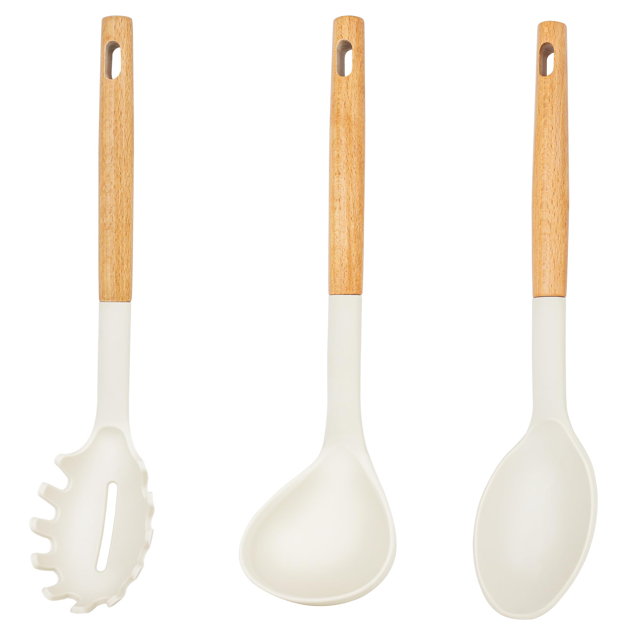 EANINNO Silicone Cooking Spoons Set, 3 PCS Nonstick Large Soup Ladle Solid Spoon Pasta Server for Spaghetti Sauce Serving Stirring, Heat Resistant Kitchen Utensils Wooden Light Khaki