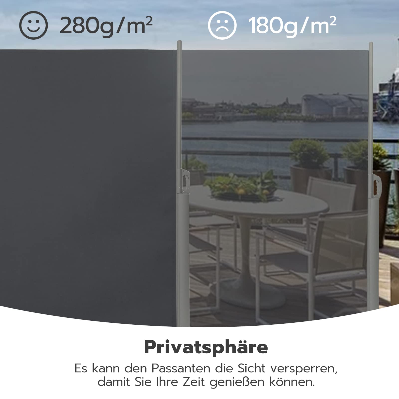 LARMNEE Alu-Seitenmarkise, ausziehbar, 180 x 450 cm, Sichtschutz, Sonnenschutz, Blickdicht, Seitenrollo, für Balkon, Terrasse, Garten, Anthrazit EBK1845BP02