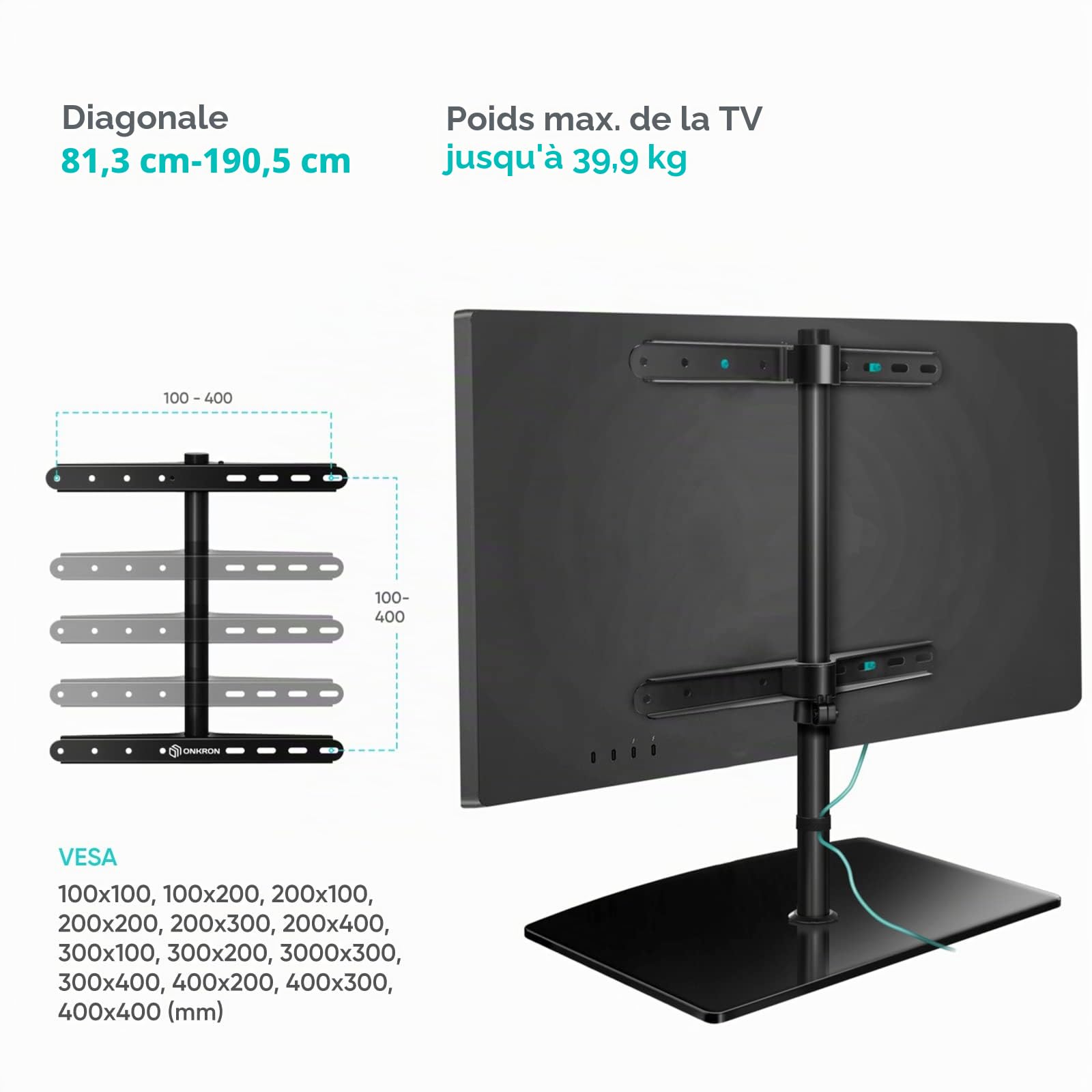 ONKRON PT3 BLK Support TV de Table pour téléviseurs de 32 à 75 Pouces, Noir