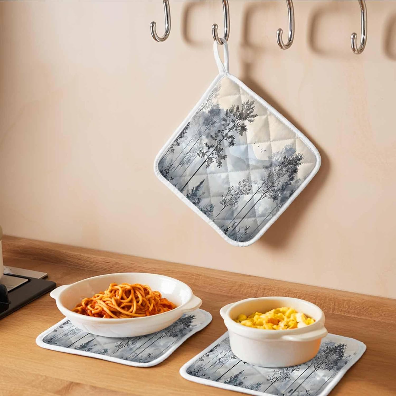 5 Pack Pot Holders for Kitchen, Watercolor Forest Hot Pads for Kitchen Countertops Oven Pot Holder Bulk, Vintage Mountain Branches Tree Heat Insulation Potholders with Hanging Loops
