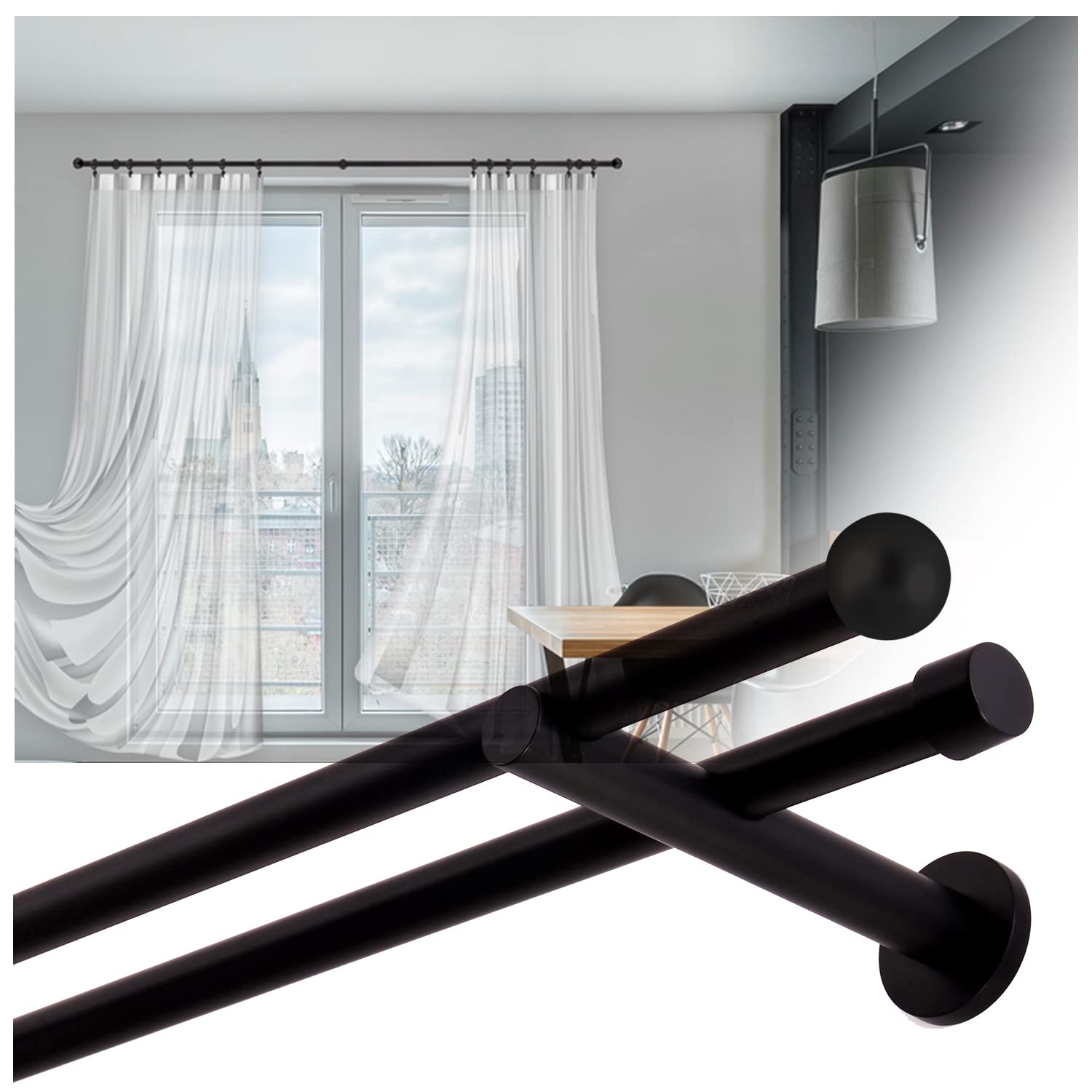 Asta Per Tende 160 Cm Nero - Doppio Binario 19mm, Metallica, Con Fissaggio A Parete - Foto 6