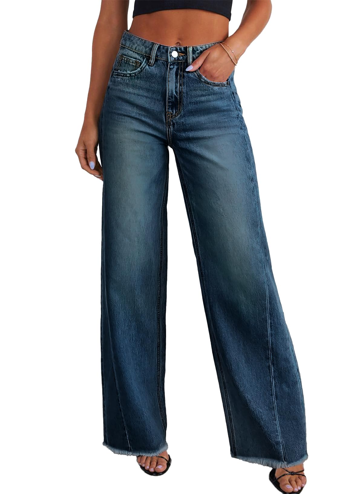 Sidefeel Women's Wide Leg Jeans High Waisted Strechy Raw Hem Zimbaplatinum Denim Pants