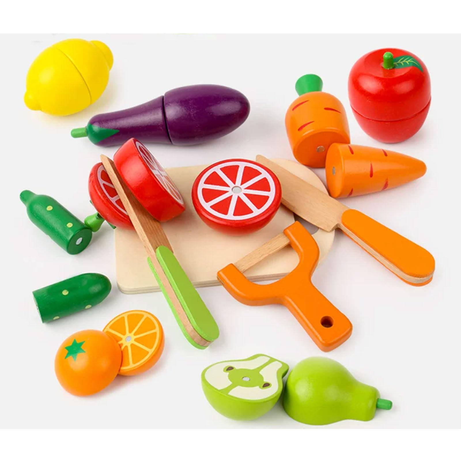Set Comida Juguete Montessori Madera para Cortar Frutas y Verduras | Juguete Cocina Imaginación con Frutas y Verduras Magnéticas, Cuchillo Tabla Cortar, Juguete Comida Juego Imaginación