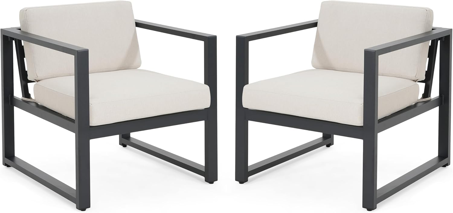 Christopher Knight Home Navan Set of 2 Outdoor Patio Club Chairs with Cushions, Aluminum Outdoor Armchair, Garden Sofa Lounge Chairs, Patio Conversation Set for Porch Backyard Garden, Beige+Black