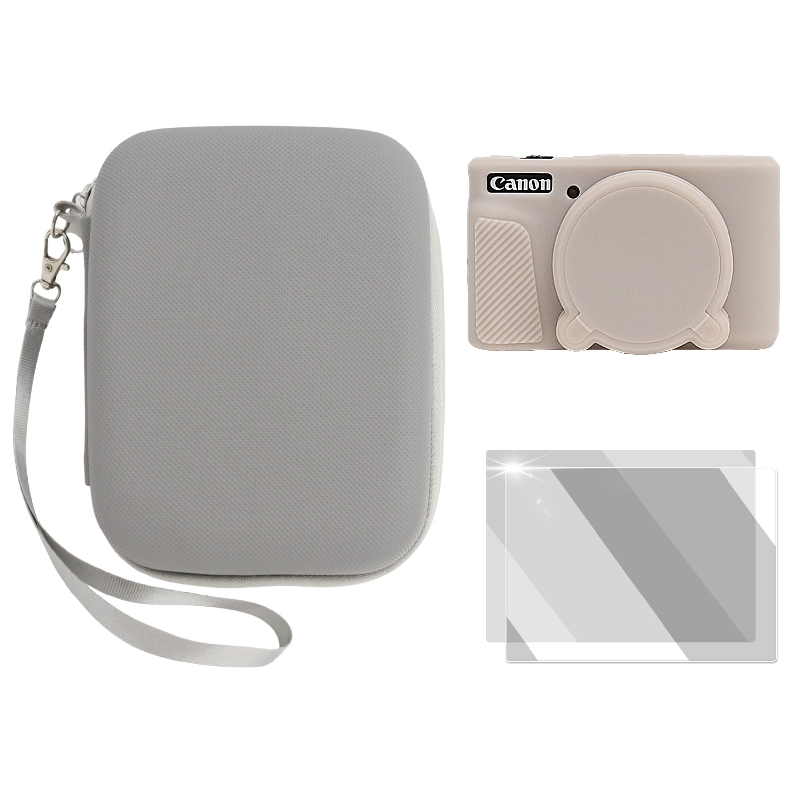 VOVMOEYA Custodia per fotocamera PowerShot SX730/SX740 HS, sx730/740 hs, kit di accessori, custodia rigida in EVA + custodia protettiva in silicone morbido + 2 pellicole temperate LCD, Grigio/rosa